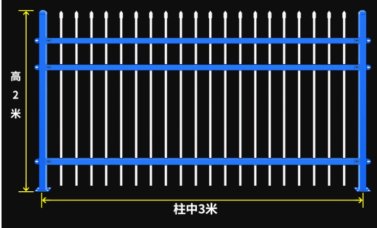 锌钢围墙护栏2米高规格三横梁 预埋款含安装