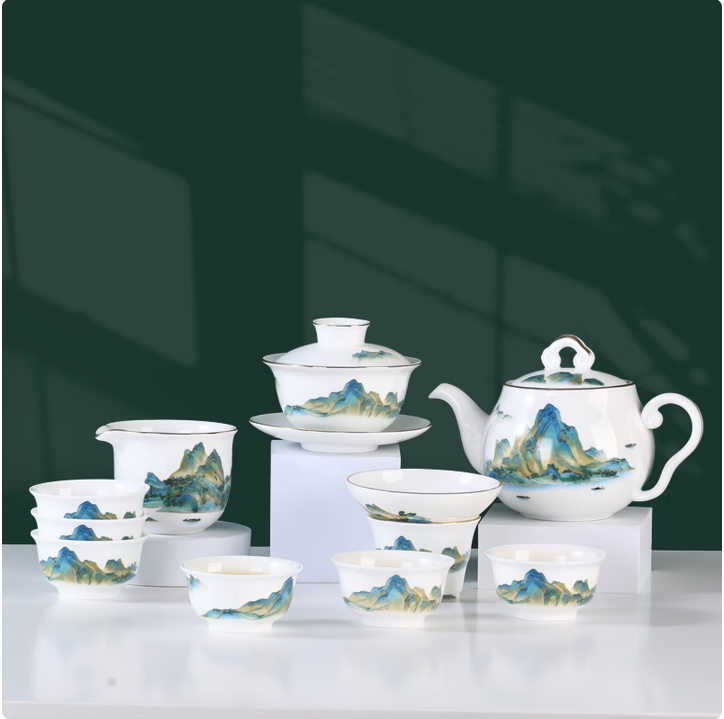 朵彩千里江山骨质瓷茶具十件套 DC-K1001A