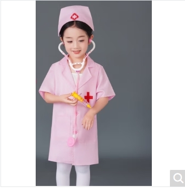 儿童医生护士套装科学实验白大褂服装幼儿园职业过家家角色扮演服 粉色医生服短袖三件套,140