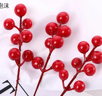 红色发财果串新年圣诞蛋糕装饰插件红球果实树枝场景布置摆件配件红果