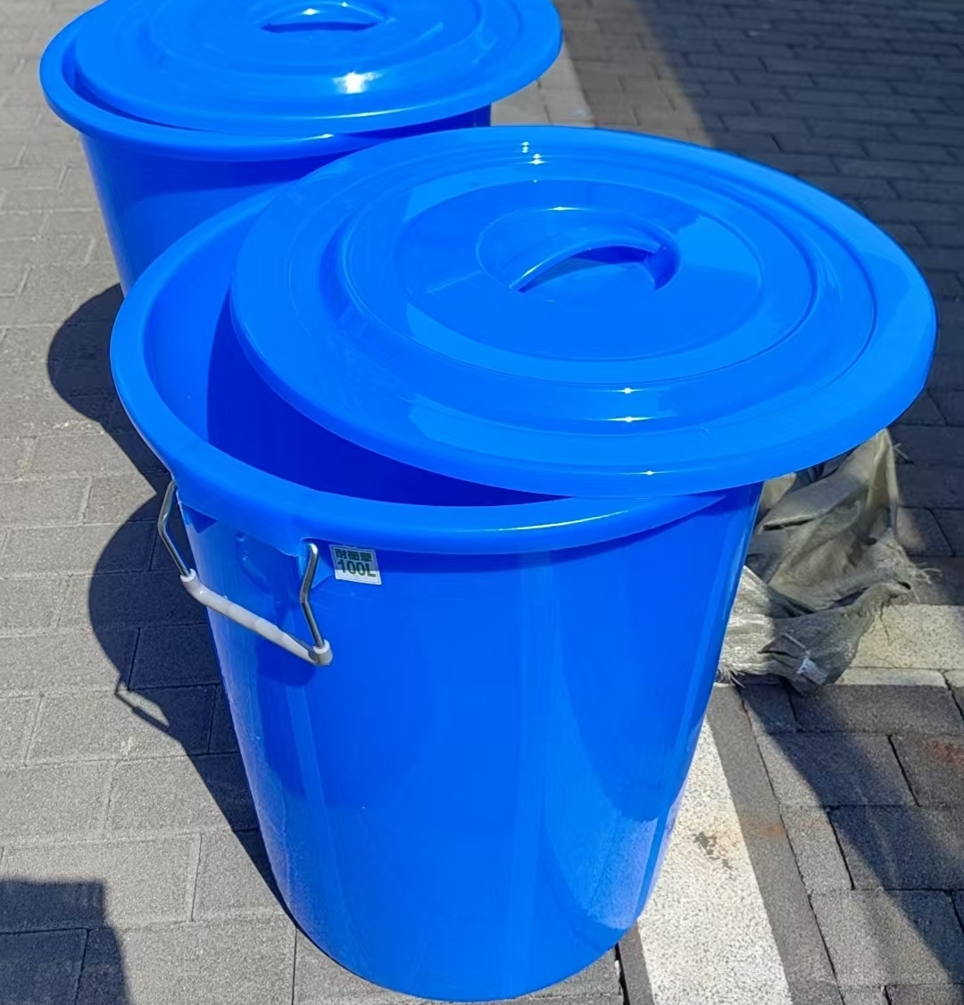 塑料加厚 大号储水桶垃圾桶圆形带盖 100L 蓝色