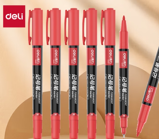 得力（deli）细杆双头0.5mm/1.2mm物流快递油性记号笔 勾线笔会议签字笔马克笔红色12支/盒 S831