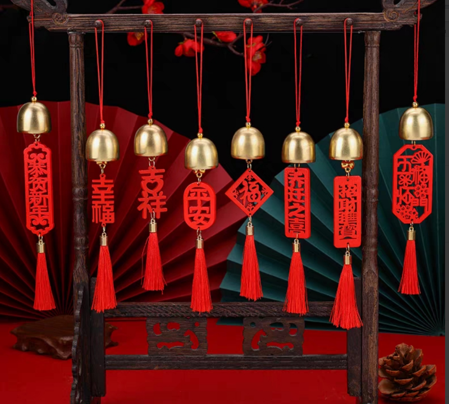 流苏风铃木牌挂件新年平安铃铛配件合金风铃